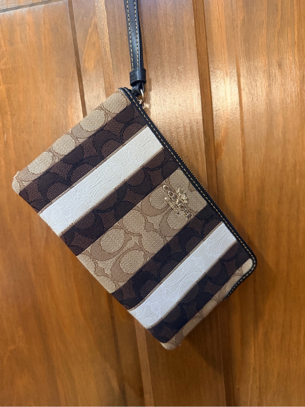 Coach Striped Signature Wristlet in Brown, Cream and Tan